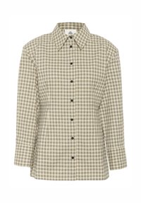 Camicia abbottonata in plaid beige e marrone. Realizzata in tessuto intrecciato con una texture liscia. Presenta un colletto classico, maniche lunghe e bottoni neri.