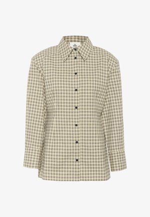 Chemise à boutons en beige et marron à carreaux. Fabriquée en tissu tissé avec une texture lisse. Présente un col classique, des manches longues et des boutons noirs.