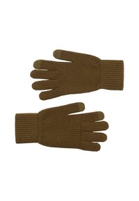 Barna kötött kesztyű, bordázott mandzsettával, textúrált anyagból készült, kontrasztos zöld ujjaival, amelyek alkalmasak érintőképernyős használatra.