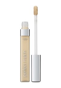 L'Oréal Perfect Match concealer i en genomskinlig tub, med en vit applikatorstav. Produkten är ljusbeige med en mjuk konsistens.