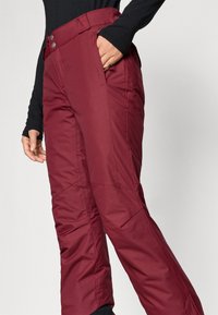 Bordeaux geïsoleerde sneeuwbroek met een hoge taille, voorknopen, zijzakken en versterkte kniestukken voor duurzaamheid en comfort.