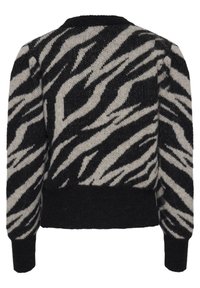 Svart och krämfärgad stickad tröja med zebra- rutmönster, rundad hals och ribbade mudd och nederkant. Strukturerad, varm tyg.