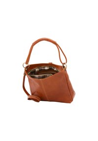 Borsa a mano in pelle marrone con un design strutturato e angolare. Dotata di una fodera interna a quadri e di una tracolla rimovibile.