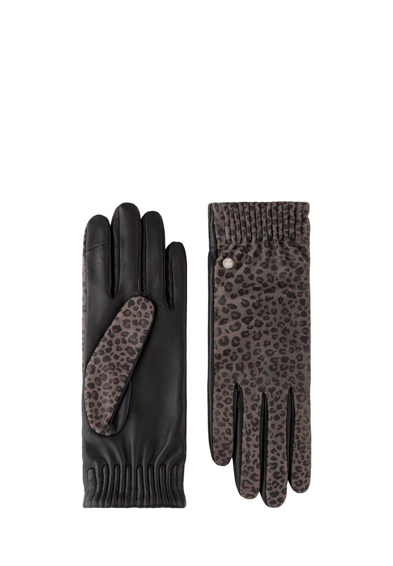 Guantes de cuero negro con muñecas elásticas, que cuentan con tela de estampado de leopardo marrón y negro en la parte trasera y el pulgar de cada guante.
