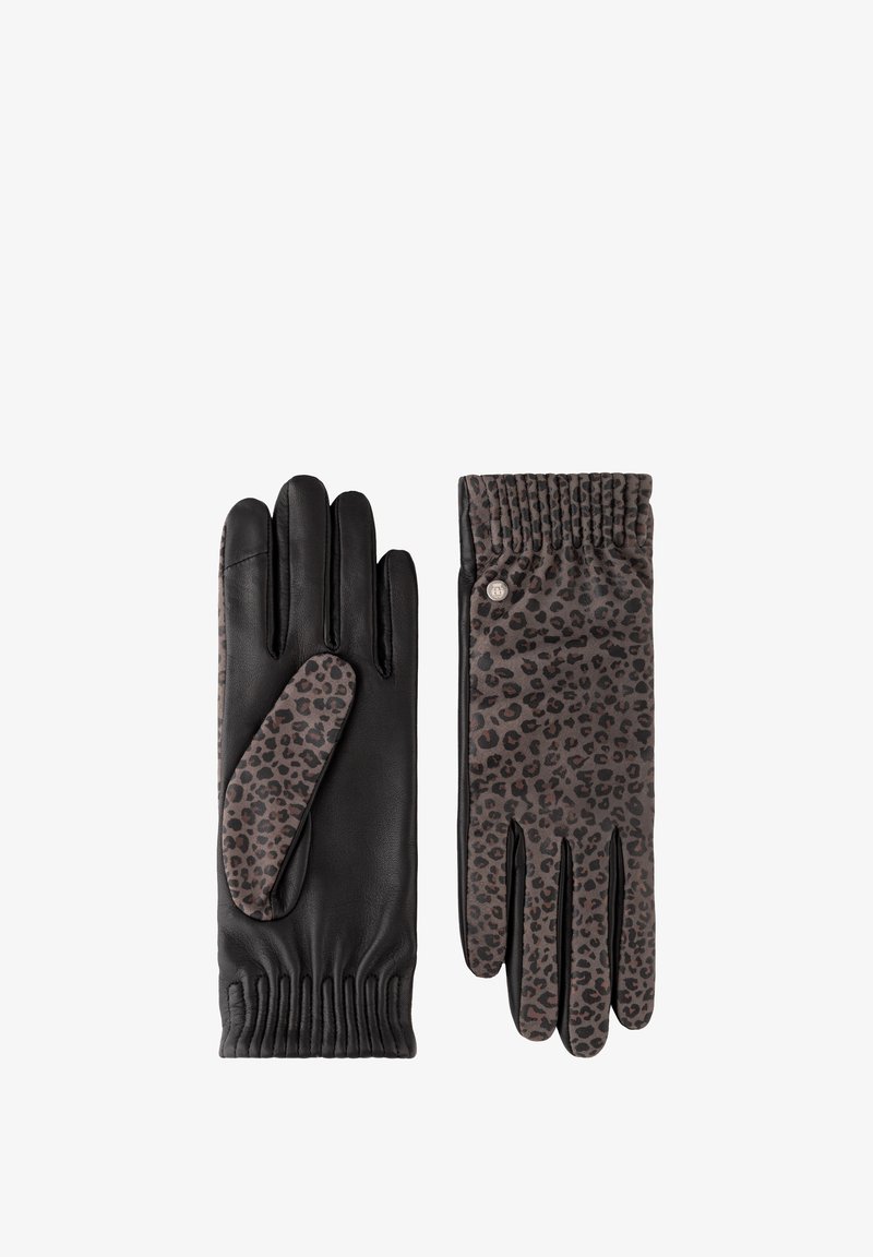 Guantes de cuero negro con muñecas elásticas, que cuentan con tela de estampado de leopardo marrón y negro en la parte trasera y el pulgar de cada guante.