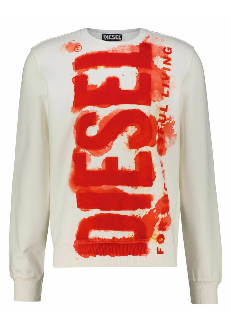 Weißer Sweatshirt mit fettrotem "DIESEL"-Text und Spritzern, runder Ausschnitt, langen Ärmeln, gerippten Bündchen und Saum.