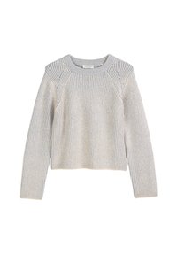 Hellgrauer, gerippter Pullover mit blauen Streifen, Rundhalsausschnitt und langen Ärmeln. Weiche Textur, cropped Design und Raglan-Ärmel.