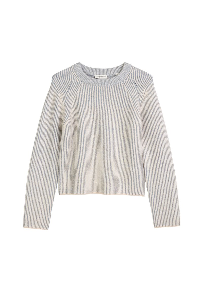 Hellgrauer, gerippter Pullover mit blauen Streifen, Rundhalsausschnitt und langen Ärmeln. Weiche Textur, cropped Design und Raglan-Ärmel.