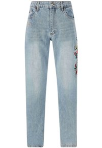 Lichtblauwe denim jeans met een rechte snit, voorzien van een kleurrijk geborduurd ontwerp op het rechterbeen en een klassieke vijfzakstijl.