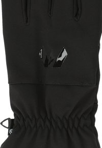 Black gloves in synthetic material with a smooth finish. Features an elastic wrist, textured area, and a glossy logo accent.