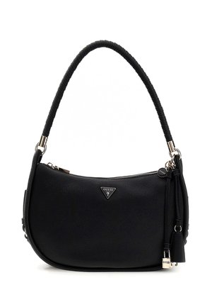 Borsa a tracolla in pelle nera texturizzata con manico avvolto, accessori in argento, logo triangolare Guess, nappina e ciondolo a lucchetto.