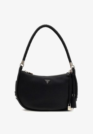 Sac à bandoulière en cuir noir texturé avec poignée enveloppée, ferrures argentées, logo triangle Guess, pompon et breloque cadenas.