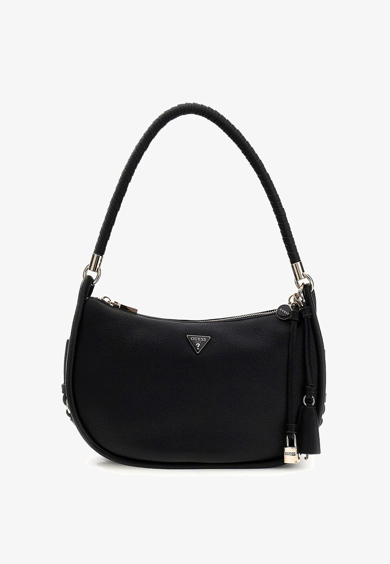 Sac à bandoulière en cuir noir texturé avec poignée enveloppée, ferrures argentées, logo triangle Guess, pompon et breloque cadenas.