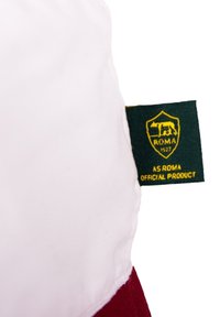 AS Roma-gebrandstof textiel met een witte bovenkant en een kastanjebruine ondersectie. Een groene tag toont "AS ROMA OFFICIAL PRODUCT" in het geel.