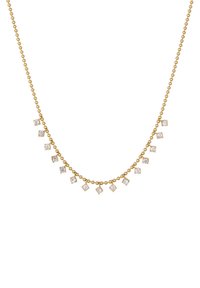 Goldfarbener Halsreif mit einer Perlenkette und einem geschwungenen Design. Enthält mehrere diamantenähnliche Kristalle, die in einem absteigenden Muster angeordnet sind.