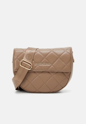 Taupe quilted Valentino crossbody bag with adjustable branded fabric strap and gold logo on front flap.