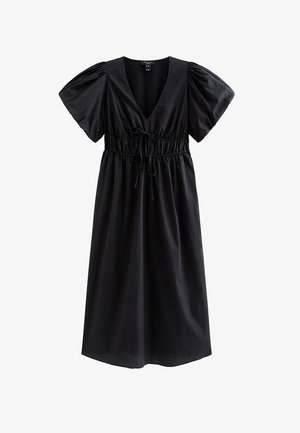 Czarna midi sukienka z głębokim dekoltem w serek, bufkami na rękawach, talią ściąganą sznurkiem oraz spódnicą w kształcie litery A.