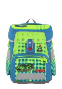 Sac à dos à motifs de pois bleus et verts avec un graphique de voiture, des accents gris et diverses attachées. Comprend une poignée robuste et des fermetures éclair.