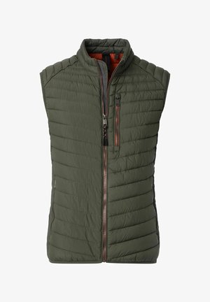 Grüne gepolsterte Weste mit vertikalem Steppmuster, hohem Kragen, Front-Reißverschluss und kontrastierender orangefarbener Innenauskleidung. Mit Seitentaschen.