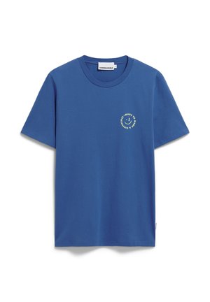 T-shirt en coton bleu avec un col rond et des manches courtes, comportant un graphique de smiley et du texte imprimé en jaune à l'avant.