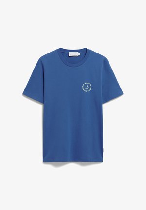 Blaues Baumwoll-T-Shirt mit rundem Ausschnitt und kurzen Ärmeln, auf der Vorderseite mit einem lächelnden Gesicht und gelber Druckschrift.
