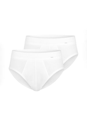 Twee witte herenschortjes van katoen met elastische taillebanden, voornaaddetails en kleine bedrukte "mey" logo's op de bovenlinkerkant.