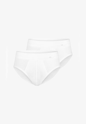 Kaksi valkoista miesten puuvillapöksyä elastisella vyötäröllä, etusaumayksityiskohdilla ja pienillä tulostetuilla "mey" -logoilla vasemmalla ylhäällä.