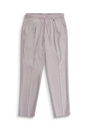 Svijetlo ljubičaste hlače suženog kroja s elastičnim pojasom, vezicama, bočnim džepovima i suptilnom teksturom na bijeloj pozadini.