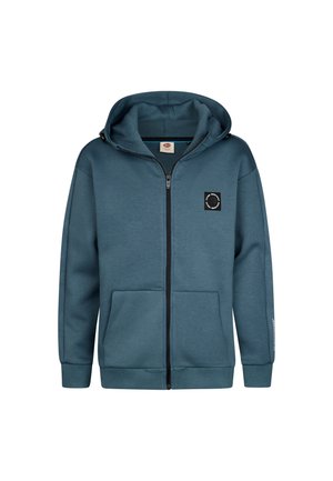 Blauwe hoodie met rits, zakken aan de voorkant, geribde boorden, capuchon en een klein rond logo op de linkerborst.