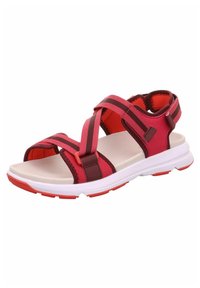 Sandal sportivo rosso e rosa con cinturini regolabili, tallone imbottito e suola in gomma bianca con dettagli rossi. Adatto per un abbigliamento casual.