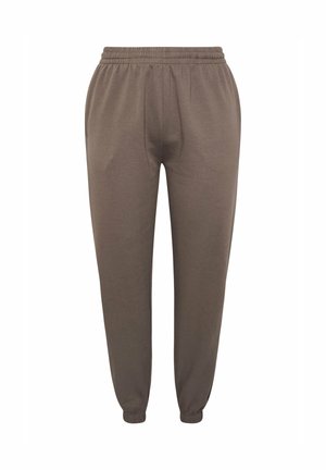 Braune Jogginghosen mit elastischem Bund und Beinabschlüssen, entspannter Passform und Seitentaschen, geeignet für legere Kleidung.