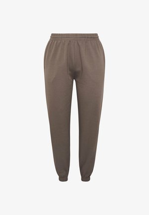 Bruine joggingsbroek met elastische taille en enkels, een ontspannen pasvorm en zijzakken, geschikt voor casual draagstijl.