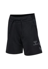 Svarta sportshorts i lättviktsmaterial med dragsko i midjan, sidoficka och en logotyp med chevron-accenter på benet.