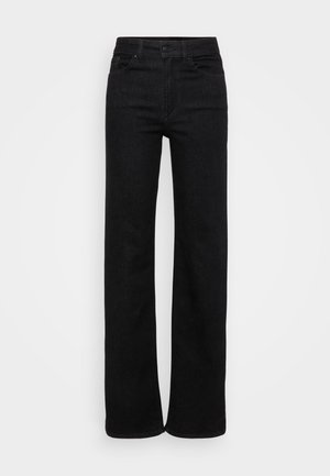 Hoge taille zwarte wijdlopende jeans met een soepele denimtextuur, vijf zakken en een knoopsluiting. Klassiek ontwerp en veelzijdige pasvorm.