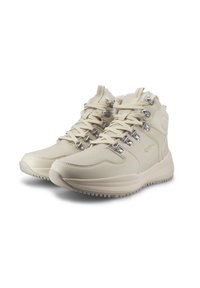 Beige högskor gjorda av läder med metallöglor, rund tå, texturerad sula och en mysig fleecefoder vid vristen.