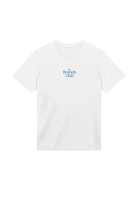 White cotton t-shirt featuring short sleeves and a crew neck. Centered blue text reads "The Brunch Club," with a simple, clean design.