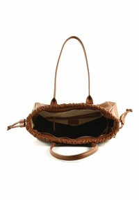 Borsa a tracolla in pelle marrone con parte superiore arricciata, lunghe cinghie per la spalla e un ampio interno che presenta una tasca con zip e una fodera di colore contrastante.