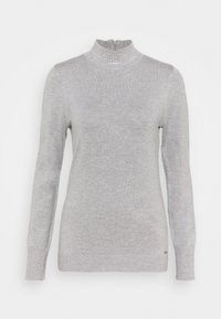 Szary dzianinowy sweter z wysokim kołnierzem, zapinany z przodu na zamek, z prążkowanymi mankietami i krawędzią. Charakterystyczne zdobienia przy kołnierzu dodają tekstury.