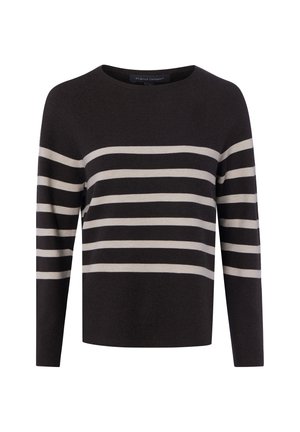 Pull noir à manches longues avec des rayures blanches horizontales sur la poitrine et les manches, col rond et coupe ajustée.