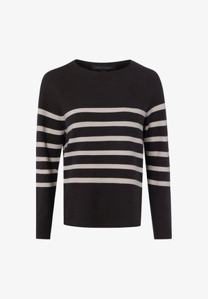 Pull noir à manches longues avec des rayures blanches horizontales sur la poitrine et les manches, col rond et coupe ajustée.