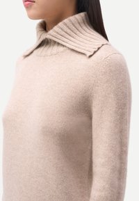 Femme portant un pull en maille côtelée beige avec un large col roulé replié, visible de la poitrine jusqu'au menton.