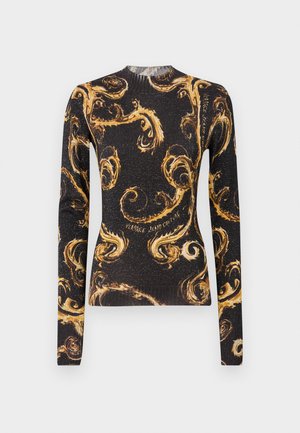 Maglione nero a maniche lunghe con intricati motivi a spirale dorati, realizzato in un tessuto strutturato con scollatura e polsini a coste.