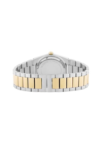 Orologio in acciaio inossidabile con bracciale bicolore: maglie argentate e dorate, cassa ottagonale, corona dorata e finitura lucida.