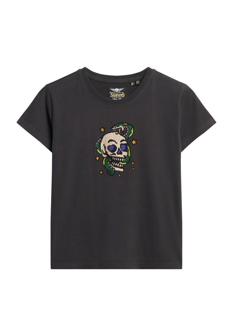 Czarny bawełniany t-shirt z krótkim rękawem i okrągłym dekoltem. Zawiera kolorową haftowaną czaszkę i węża ze gwiazdami.