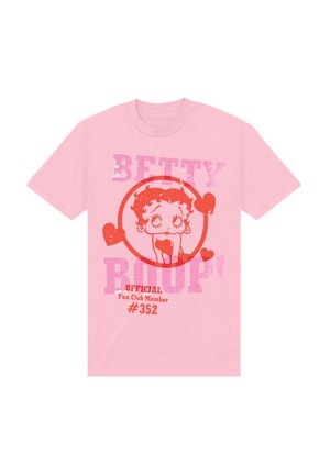 Camiseta de algodón rosa con un gráfico de Betty Boop dentro de un corazón rojo, con el texto "¡BETTY BOOP! Miembro Oficial del Club de Fans #352" en varios colores.