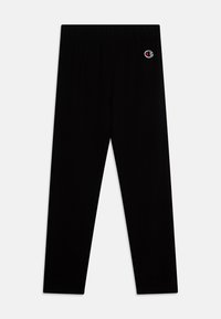 Black stretch leggings with an elastic waistband, featuring a small embroidered logo in red, white, and blue on the left side.