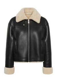 Čierna kožená bunda s krémovým beránkovým golierom a manžetami, s predným zipsom a dvoma bočnými vreckami. Hladká textúra a štruktúrovaný dizajn.