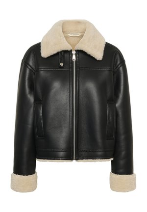 Černá kožená bunda s krémovým kožíškovým límcem a manžetami, vybavená předním zipem a dvěma bočními kapsami. Hladká textura a strukturovaný design.