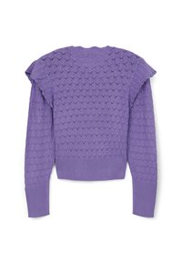 Lila gestrickter Pullover mit einem strukturierten Muster, Rüschenärmel und geripptem Saum. Die Rückansicht zeigt das kunstvolle Design und die Struktur.