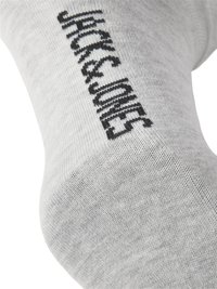 Grau gestrickte Socke aus weichem Material mit schwarzem Text "JACK & JONES" an der Seite. Die Textur ist glatt mit einem dezenten Muster.